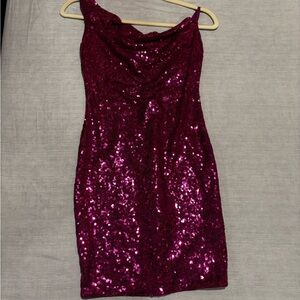 Hello Molly One Shoulder Sequin Dress in Deep Pink